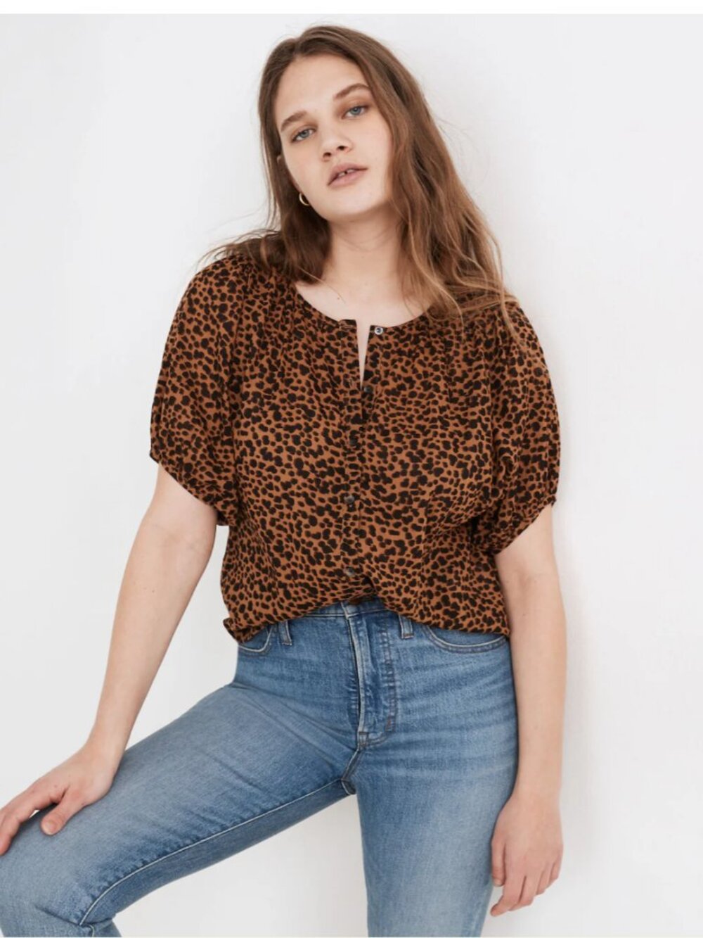 Madewell Balloon Sleeve Button Up Top Shirt Painted Leopard Print Small EUC